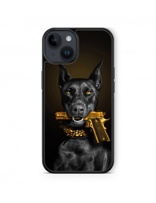 Coque iPhone et Samsung Chien Doberman Revolver Doré 