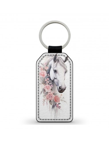 Porte-Clés en simili cuir Cheval et fleurs roses 