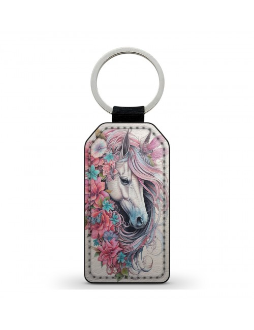 Porte-Clés en simili cuir Cheval et fleurs 