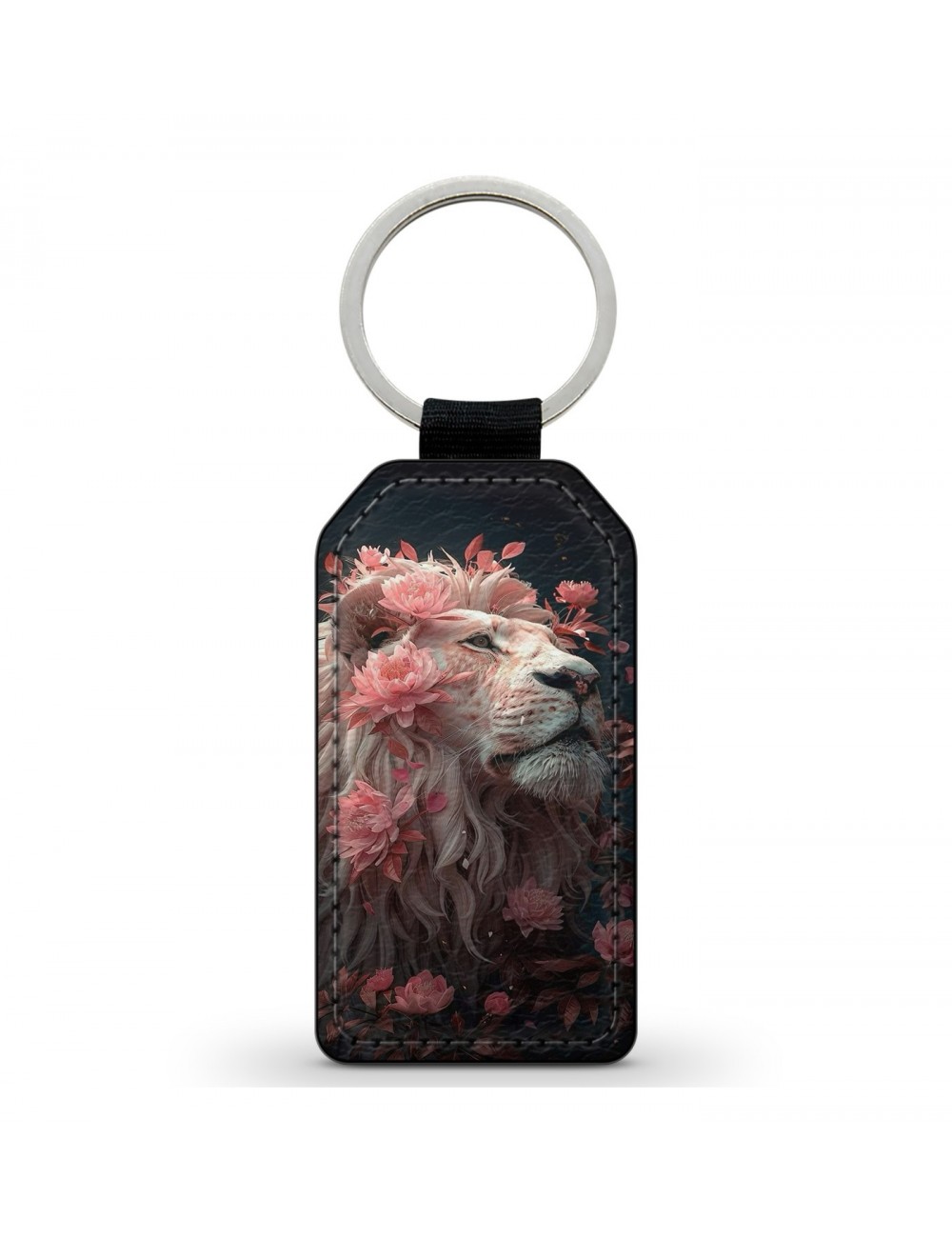 Porte-Clés en simili cuir Lion et fleurs roses 