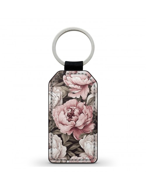 Porte-Clés en simili cuir Pivoines Fleurs Vintage Roses 