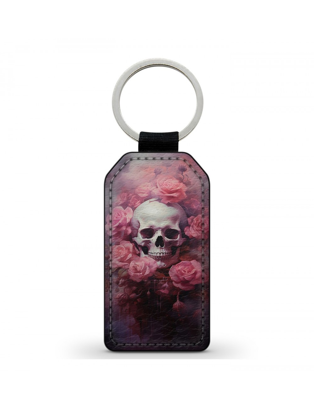 Porte-Clés en simili cuir Tête de Mort Skull Roses 