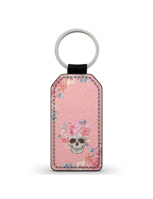 Porte-Clés en simili cuir Tête de Mort Skull Fleurs Gothique (1) 