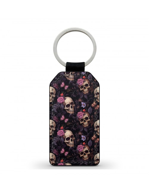 Porte-Clés en simili cuir Tête de Mort Skull Fleurs Gothique (5) 