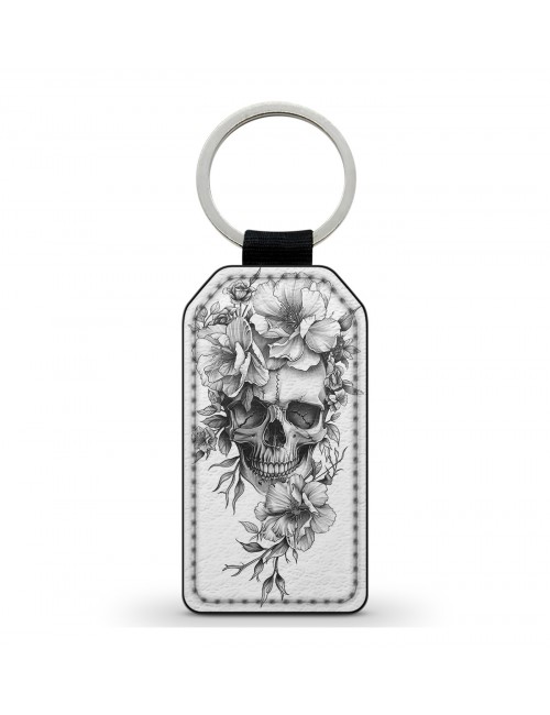 Porte-Clés en simili cuir Tête de Mort Skull Fleurs Gothique (10) 