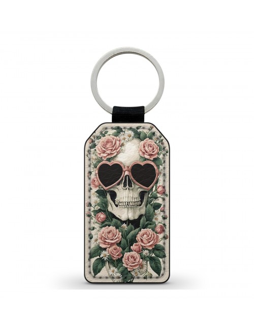 Porte-Clés en simili cuir Tête de Mort Skull Fleurs Gothique (11) 