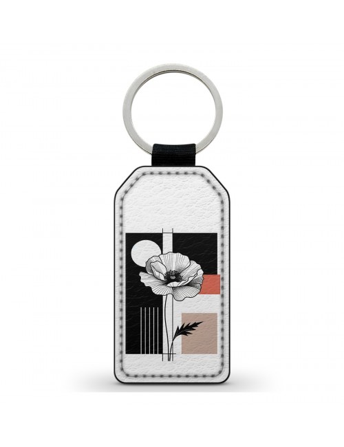 Porte-Clés en simili cuir Fleur Noir et Blanc Motif Géométrique 