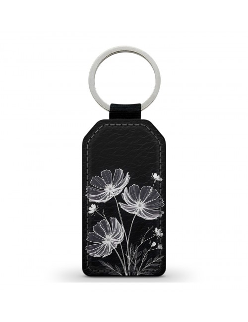 Porte-Clés en simili cuir Fleurs Noir et Blanc 
