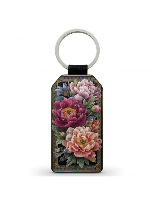 Porte-Clés en simili cuir Fleurs Pivoines Vintage 