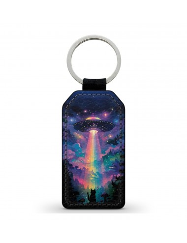 Porte-Clés en simili cuir Soucoupe Volante Arc-en-ciel Chat 