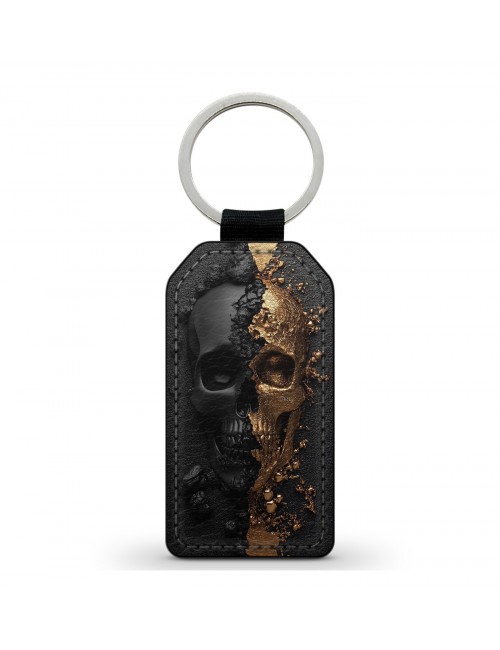 Porte-Clés en simili cuir Tête de Mort Skull Dorée Or 