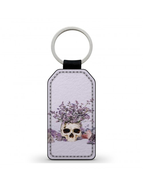 Porte-Clés en simili cuir Tête de Mort Skull Fleurs Gothique Violet 