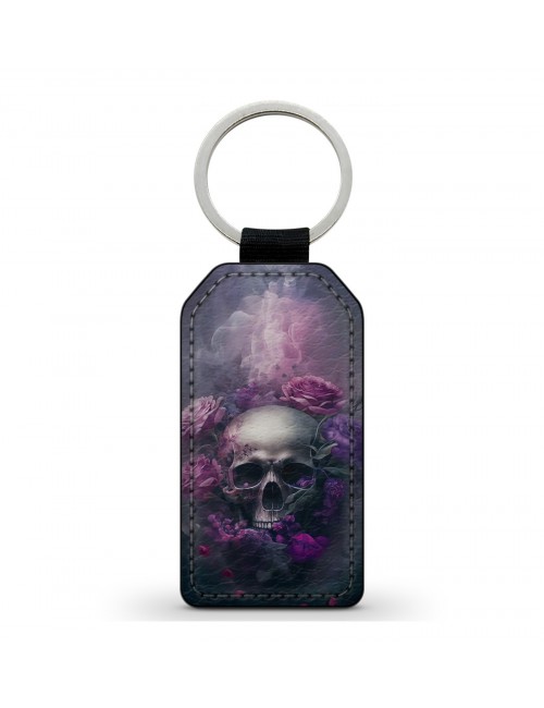 Porte-Clés en simili cuir Tête de Mort Skull Fleurs Roses Gothique 