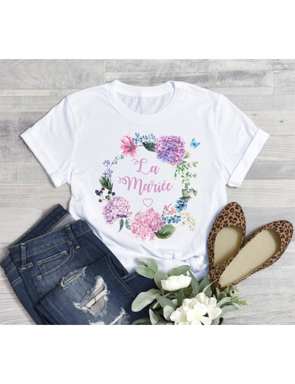 T-Shirt blanc pour femme La Mariée EVJF Couronne végétale de fleurs roses 11 