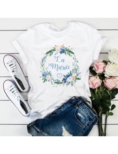 T-Shirt blanc pour femme La Mariée EVJF Couronne végétale de fleurs roses 12 