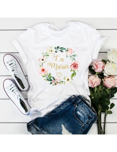 T-Shirt blanc pour femme La Mariée EVJF Couronne végétale de fleurs roses 13 