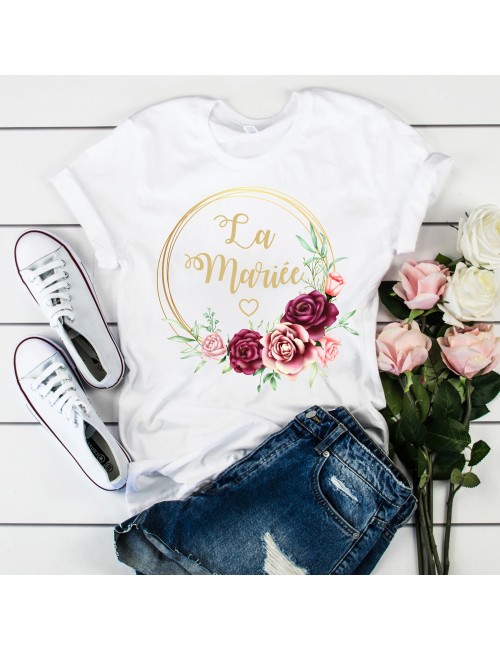 T-Shirt blanc pour femme La Mariée EVJF Couronne végétale de fleurs roses 15 