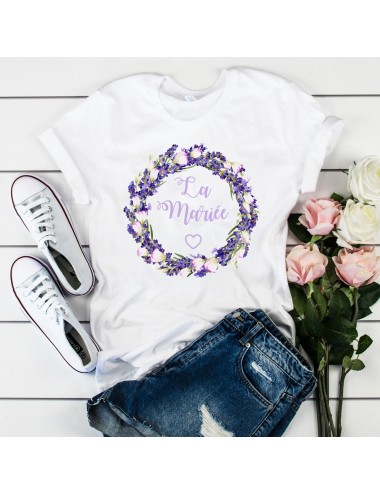T-Shirt blanc pour femme La Mariée EVJF Couronne végétale de fleurs roses 16 
