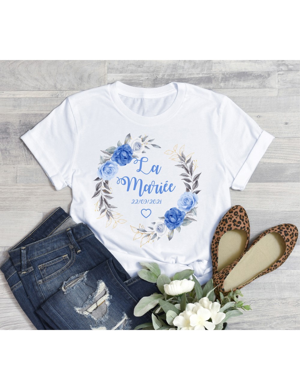T-Shirt blanc pour femme La Mariée EVJF Couronne végétale de fleurs roses 17 