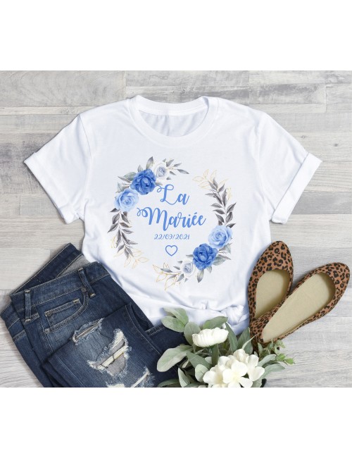 T-Shirt blanc pour femme La Mariée EVJF Couronne végétale de fleurs roses 17 