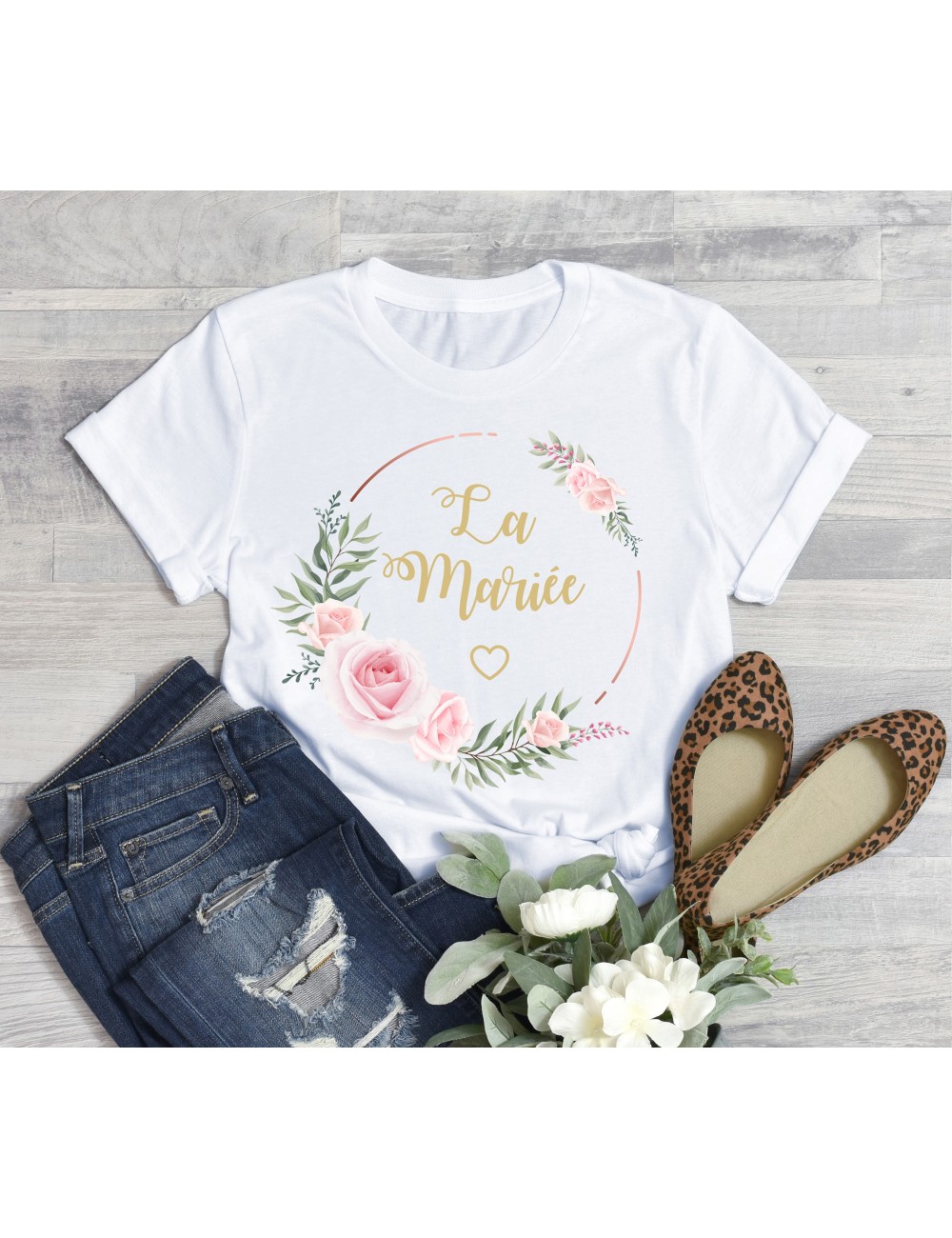 T-Shirt blanc pour femme La Mariée EVJF Couronne végétale de fleurs roses 18 
