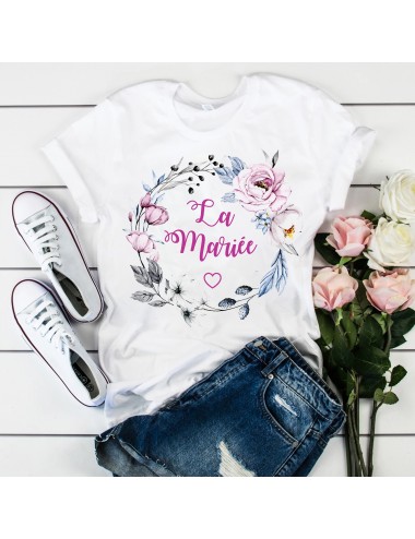T-Shirt blanc pour femme La Mariée EVJF Couronne végétale de fleurs roses 21 