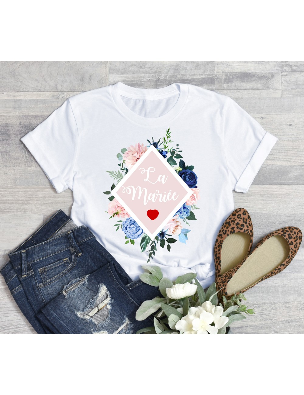 T-Shirt blanc pour femme La Mariée EVJF Couronne végétale de fleurs roses 22 