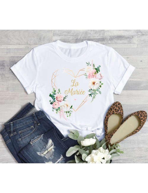 T-Shirt blanc pour femme La Mariée EVJF Couronne végétale de fleurs roses 25 