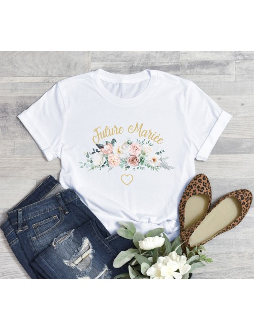 T-Shirt blanc pour femme La Mariée EVJF Couronne végétale de fleurs roses 26 
