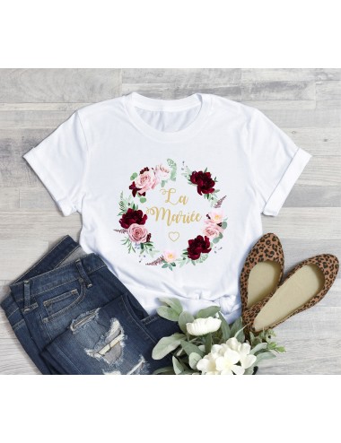 T-Shirt blanc pour femme La Mariée EVJF Couronne végétale de fleurs roses 