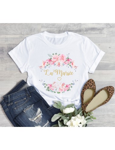 T-Shirt blanc pour femme La Mariée EVJF Couronne végétale de fleurs roses 2 