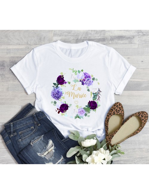 T-Shirt blanc pour femme La Mariée EVJF Couronne végétale de fleurs roses 4 