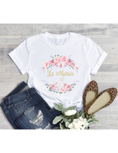 T-Shirt blanc pour femme La Mariée EVJF Couronne végétale de fleurs roses 5 