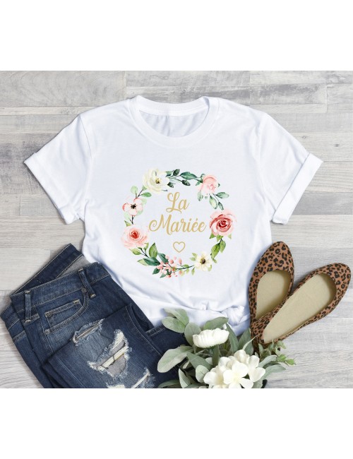 T-Shirt blanc pour femme La Mariée EVJF Couronne végétale de fleurs roses 6 