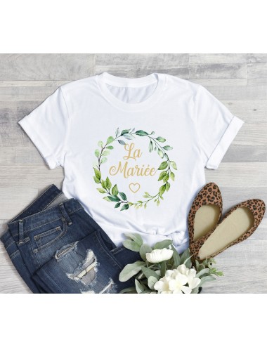 T-Shirt blanc pour femme La Mariée EVJF Couronne végétale de fleurs roses 7 