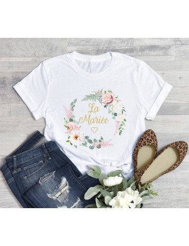 T-Shirt blanc pour femme La Mariée EVJF Couronne végétale de fleurs roses 8 