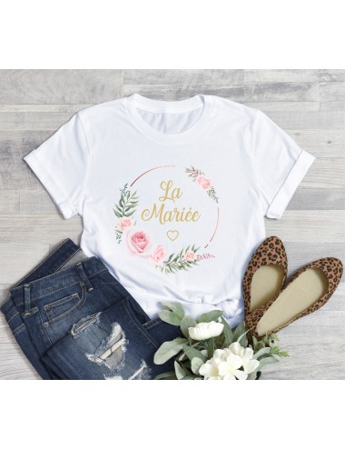 T-Shirt blanc pour femme La Mariée EVJF Couronne végétale de fleurs roses 9 