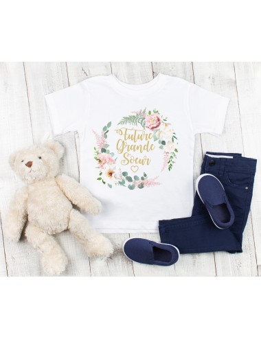 T-Shirt blanc pour enfant fille Future grande soeur couronne végétale de fleurs 