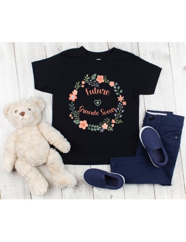T-Shirt noir pour enfant fille Future grande soeur couronne de fleurs végétale 