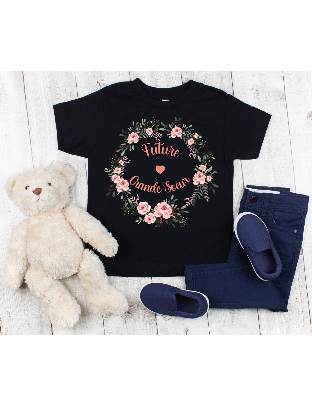 T-Shirt noir pour enfant fille future grande soeur couronne végétale de fleurs 
