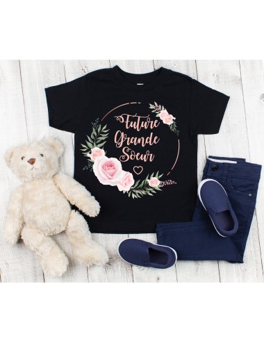 T-Shirt noir pour enfant fille Future grande soeur couronne végétale de roses 