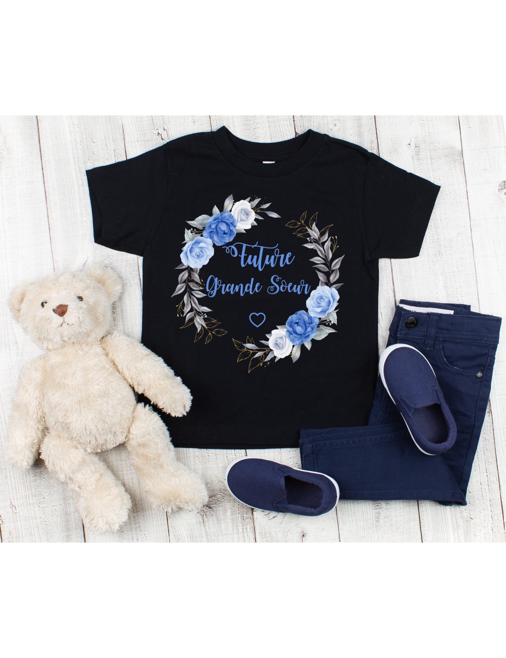 T-Shirt noir pour enfant fille future grande soeur fleurs bleues 