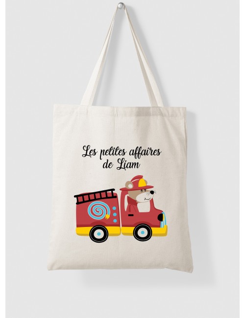 Tote Bag Sac en coton personnalisable - Enfant crèche école - personnalisé - Les petites affaires de prénom Ours Pompier 