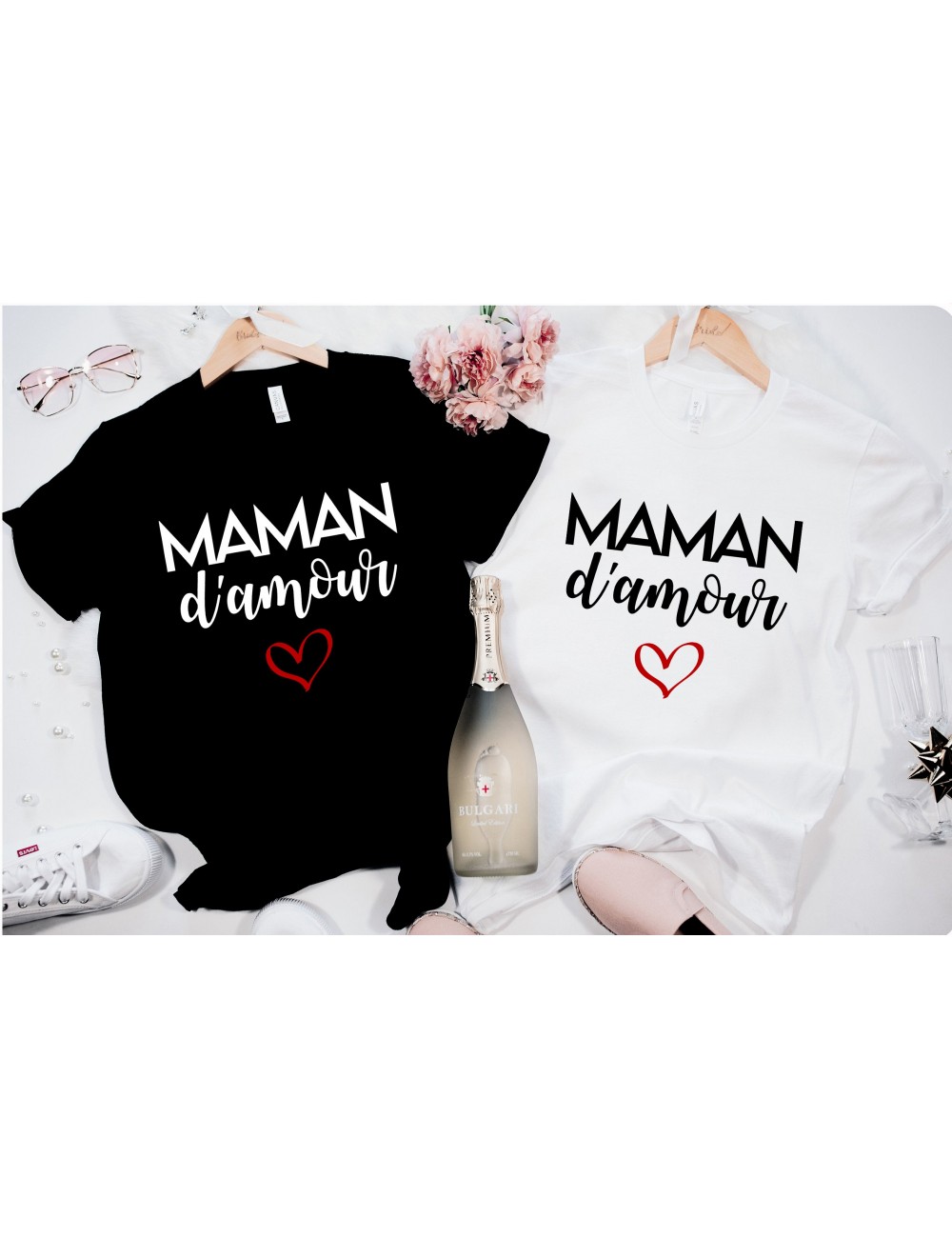 T-Shirt blanc ou noir pour femme Noir ou Blanc Famille Maman d'amour Coeur 