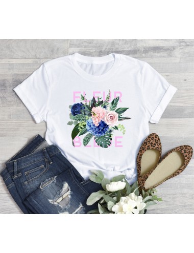 T-Shirt blanc pour femme fleur bleue 
