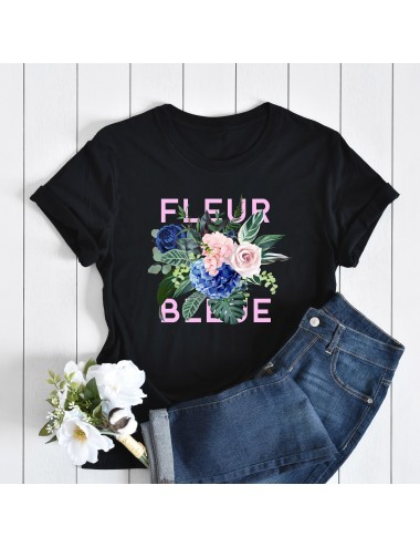 T-Shirt Noir pour femme fleur bleue 
