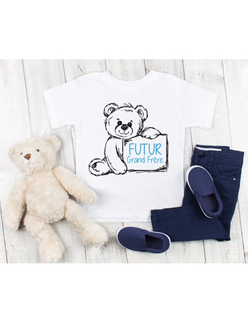 T-Shirt blanc pour enfant garçon Futur grand frère ourson en peluche nounours 
